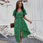 Ingvn - New Ladies Vintage Maxi Floral Print Summer Dress Women Slim Casual High Waist Button Bohemian Women Beach Dress Vestidos Female