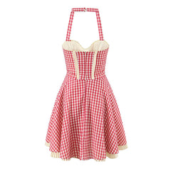 Cute Girl Red Plaid Halter Mini Dresses Women Front Button Pockets Sexy Backless A-line Short Summer Dress Cotton Robe