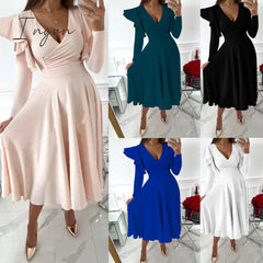 Ingvn - Sexy Long Evening Dress Elegant Dress For Women V-neck Side Split Party Dresses Female Summer Fashion Casual Club Ladies Clothes