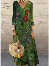 Ingvn - Women's Casual Dress Ethnic Dress Long Dress Maxi Dress Green 3/4 Length Sleeve Floral Print Summer Spring Fall V Neck Classic Vacation 2023 S M L XL XXL 3XL 4XL