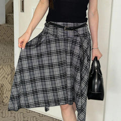 Preppy Style Plaid Print Skirt Grey Low Rise Loose Irregular A-line Midi Skirts Women Harajuku Clothes y2k Streetwear New