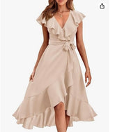 new V-neck short sleeve ruffled long temperament lace-up dress
