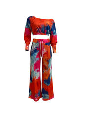 Two-piece Set, Long Sleeve Crop Top & Drawstring Wide Leg Pants Outfits, Casual Tie Dye Women's Clothing