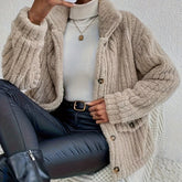 Warm and Cozy Women's Casual Solid Long Sleeve Button Front Teddy Coat for Winter Outerwear