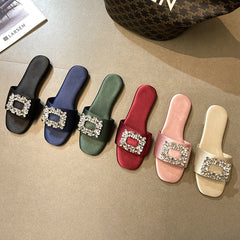 Women's Slippers Summer Rhinestones Flat Elegant Sandals Female Fashion Outdoor Beach Shoes Slides Chanclas Mujer Playa
