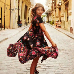 Ingvn - 2023 New Women Summer Boho Beach Maxi Dress Sexy V Neck Vintage Print Long Dresses Casual Sundress Dress