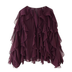 New Women Sexy Semi-sheer Ruffle Shirt Long Sleeve V Neck Front Button Spring Blouse Burgundy Blusas Mujer