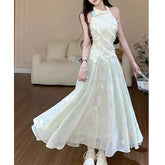 New 2025 Jasmine Green 2.0 Summer Fairy Sweet Slimming Waist Long Dress Design Sense Skirt Polyester Fiber round Neckline Ankle-