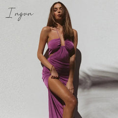 Ingvn - Sexy Hollow Out Corset Maxi Dress Party Dress Women Halter Cut Out Wrap Split Long Dresses Summer Backless Clubwear Midi Robe