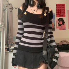 Ingvn - Fashion Trends Harajuku Retro Striped Print Grunge Tshirts Slash Neck Buttons Autumn Vintage Tops Tees Aesthetic Chic Cute Slim Fit Outfits