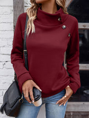 Solid Mock Neck Button Sweatshirt, Elegant Long Sleeve Sweatshirt For Fall & Winter, Women's Clothing