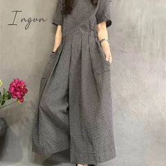 Ingvn - Jumpsuits Women Cotton Linen Short Sleeve Playsuits One Piece Outfit Women Lace-up High Waist Wide Leg Pants Overalls for Women