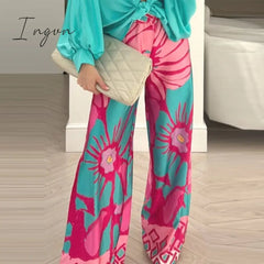 Ingvn - Women 2023 Casual Beach Long Pants New Printed Fashion Wide Leg Pants Lady Leisure Home Relaxed Flower Loose High Waist Trousers