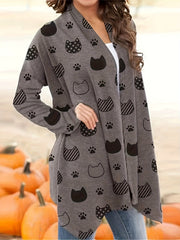 Vibrant Halloween Cat Print Long Sleeve Open Front Cardigan - Soft Mid-Elastic Polyester Knit Fabric, V-Neck, Casual Style, Perfect for Spring, Summer, and Fall - Womens Fashion Outerwear