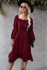 Ingvn - Square Neck Ruffle Hem Long Bubble Sleeve Midi Dress
