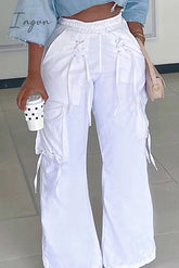 Ingvn - Casual Solid Patchwork Draw String Pocket Cross Straps Straight High Waist Straight Solid Color Bottoms