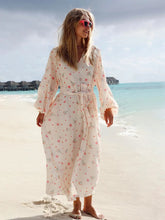 Ingvn New Autumn Women's V-neck Long Sleeve Floral Print Beach Dress Female Casual Loose Chiffon Long Vacation Dresses with Belt