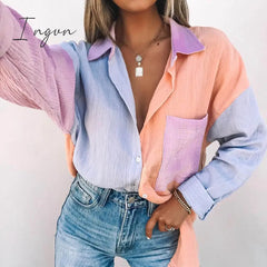 Ingvn - New Spring Summer Fashion Women New Patchwork Shirt Elegant Commute Contrast Lapel Buttons Cardigan Streetwear Ladies Casual Blouses