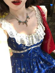 New Vintage Blue Lace Floral Dress Woman Holiday Sext Backless Midi Dress Casual Sleeveless Korean Fashion Dress Chic