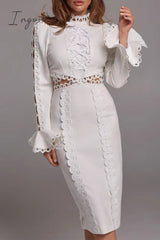 Ingvn - Celebrities Elegant Solid Lace Hollowed Out Turtleneck Princess Dresses