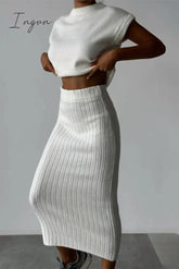 Ingvn - Elegant Solid Patchwork Half A Turtleneck Sleeveless Two Pieces