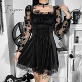 Ingvn - Halloween Gothic Lolita Dress,Lace Mini long sleeves Black Lace Draped Bodycon Goth Vintage Birthday for Women