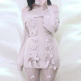 Cottage Fairy 00s Vintage Knitted Dress Japanese Off Shoulder Pullovers Mini Dress Fairy Y2K Kawaii Tie Up Retro Sweater Dress