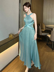 Elegant Host Evening Dress Women's French Hanging Neck Shiny Silk Satin Backless Waist Large Swing Robe Party Catwalk Vestidos