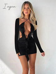 Ingvn - Hollow Out Ruffles Sexy Mini Dress Women Robe Halter Long Sleeve Backless Bodycon Beach Holiday Club Dress Vestido