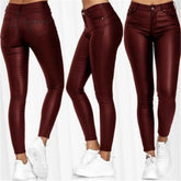 Ingvn - Pure Color Leather Casual Pants Small Feet Pants Spring Women Pu Leather Pants Black Sexy Stretch Bodycon Leather Pants High Red