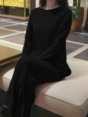 Plus Size Basic Lounge Set, Women's Plus Solid Long Sleeve Round Neck Ribbed Knit Split Top & Pants Home Wear 2 Piece Set