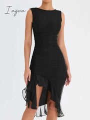 Ingvn - Elegant Ruffle Ruched Midi Dress For Women Robe Summer New Backless Sleeveless Irregular Club Party Sexy Dress Vestido