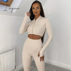Ingvn - Winter Women 2 Two Piece Set Long Sleeve Crop Tops Tshirt Leggings Pants Set Bodycon Sport Fitness Tracksuit