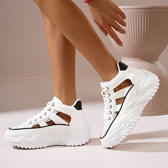 Fashionable Womens Platform Sneakers - Breathable Hollow Out Design - Lightweight Summer Shoes for Stylish Outdoor Adventures - Versatile Lace-Up High Tops for All-Day Comfort