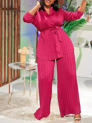 Ingvn - Women's Shirt Pants Sets White Red Fuchsia Solid Color Long Sleeve Casual Daily Fashion V Neck Regular Fit Spring & Fall
