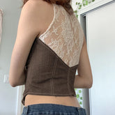 Harajuku Lace Patchwork Denim Vest Women Vintage Brown Crop Jacket Fairycore Casual Sleeveleve 90s Streetwear Outfits