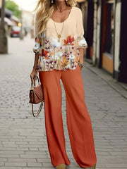 Trendy Floral Print Two-piece Set - Stylish Long Sleeve T-shirt & Wide Leg Pants Outfit - Comfortable Casual Wear for Women