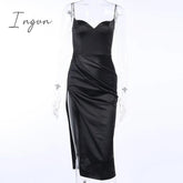 Ingvn - Summer Dresses For Women Sexy Black Satin Spaghetti Straps Low Cut Long Dress Women Summer Ruched Side High Split Maxi Dress Elegant Party Club