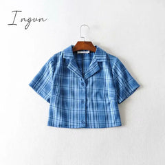 Ingvn - Summer blouse women vintage crop shirt streetwear plaid ladies tops elegant button up shirt korean crop top red