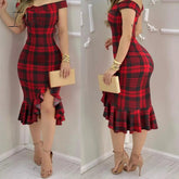 Ingvn - Women Plaid Off Shoulder Ruffle Hem Slit Dress Party Sexy Dress Elegant Fashion Dress