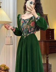 Vintage France Green Velvet Floral Dress for Women Chic Auricular A-line Party Prom Robe Winter Spring Harajuku Clothes