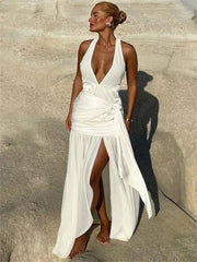 V-Neck Backless Lace-Up Long Dress Women's Ruffled Patchwork Sexy Bandage High Waist Solid Dress Ladies Autumn Maxi Dress