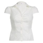 Vintage Folds Crop Top White Button Up Short Sleeve Blouse Women Bandage Korean Fashion T-shirt Casual Streetwear y2k Tee