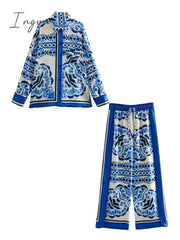 Ingvn - Loose Satin Sleepwear for Women Fashion Print Vintage Silk Pajamas Set 2 Pcs Long Sleeve Pants Female Homewear Chic Summer Suit