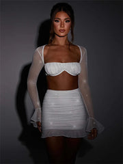 Glitter Mesh Sexy Dress Set Women Strapless Flare Sleeve Crop Top And Mini Skirt Sets Club Party Sparkle Two Piece Set