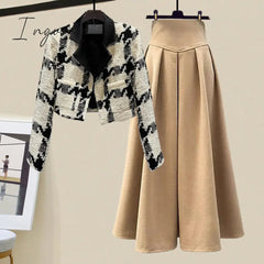 Ingvn - Spring and Autumn Set Women's 2023 New Korean Edition High End Plaid Suit Top Slim and Versatile Half Skirt Two Piece Set