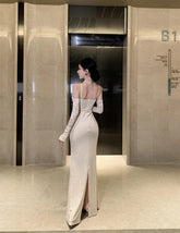 Vintage Sexy Hollow Out Bodycon Spaghetti Strap Long Dresses for Women Elegant Party Prom Velvet Female Clothing Holiday Robe