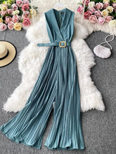 Ingvn - Vintage Notched Collar Draped Rompers For Women Casual Sleeveless High Waist Wide Leg Playsuits Female Beige/Green Jumpsuit