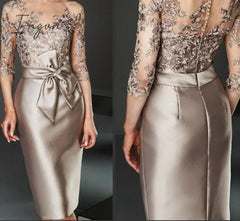 Ingvn - Silver Champagne Short Knee Length Lace Mother of the Bride Dresses Three Quarter Sleeves Mother Formal Wedding Guest Gown