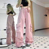 Ingvn - Harajuku Y2k Wide Cargo Pants Women Baggy Hip Hop Style Black Parachute Pants Pink Oversized Joggers Korean Streetwear